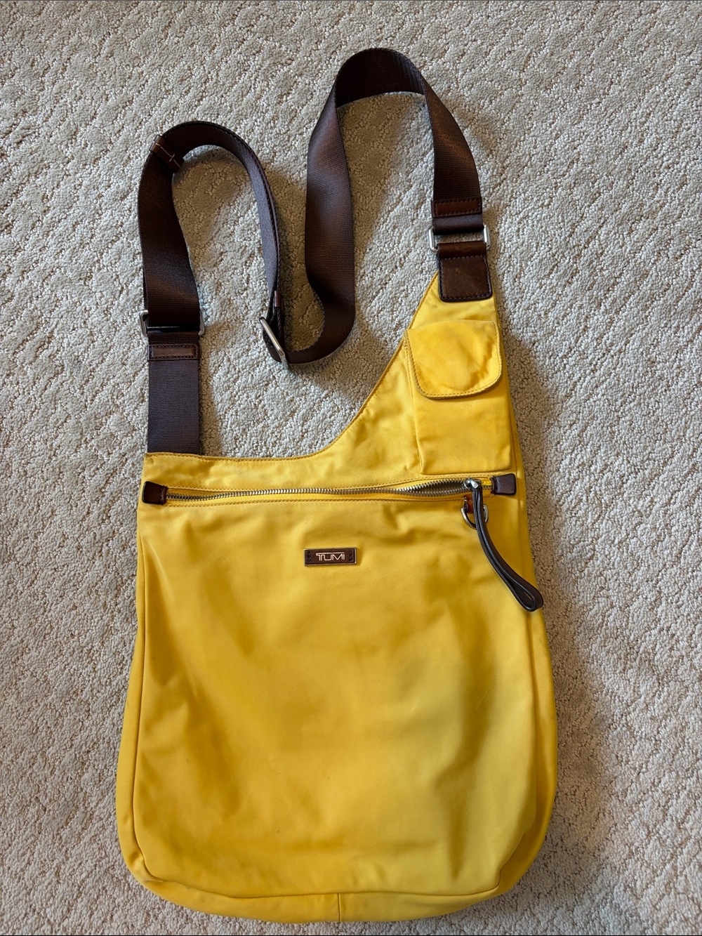 Tumi Yellow Sling Messenger Bag with Brown Strap